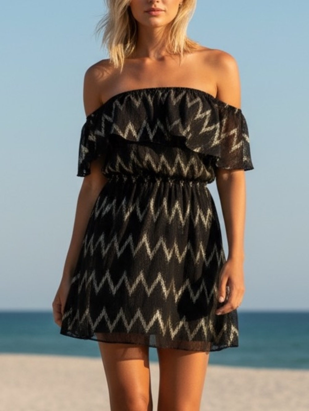 EVERLY Black/Gold Chevron Ruffle Strapless Dress